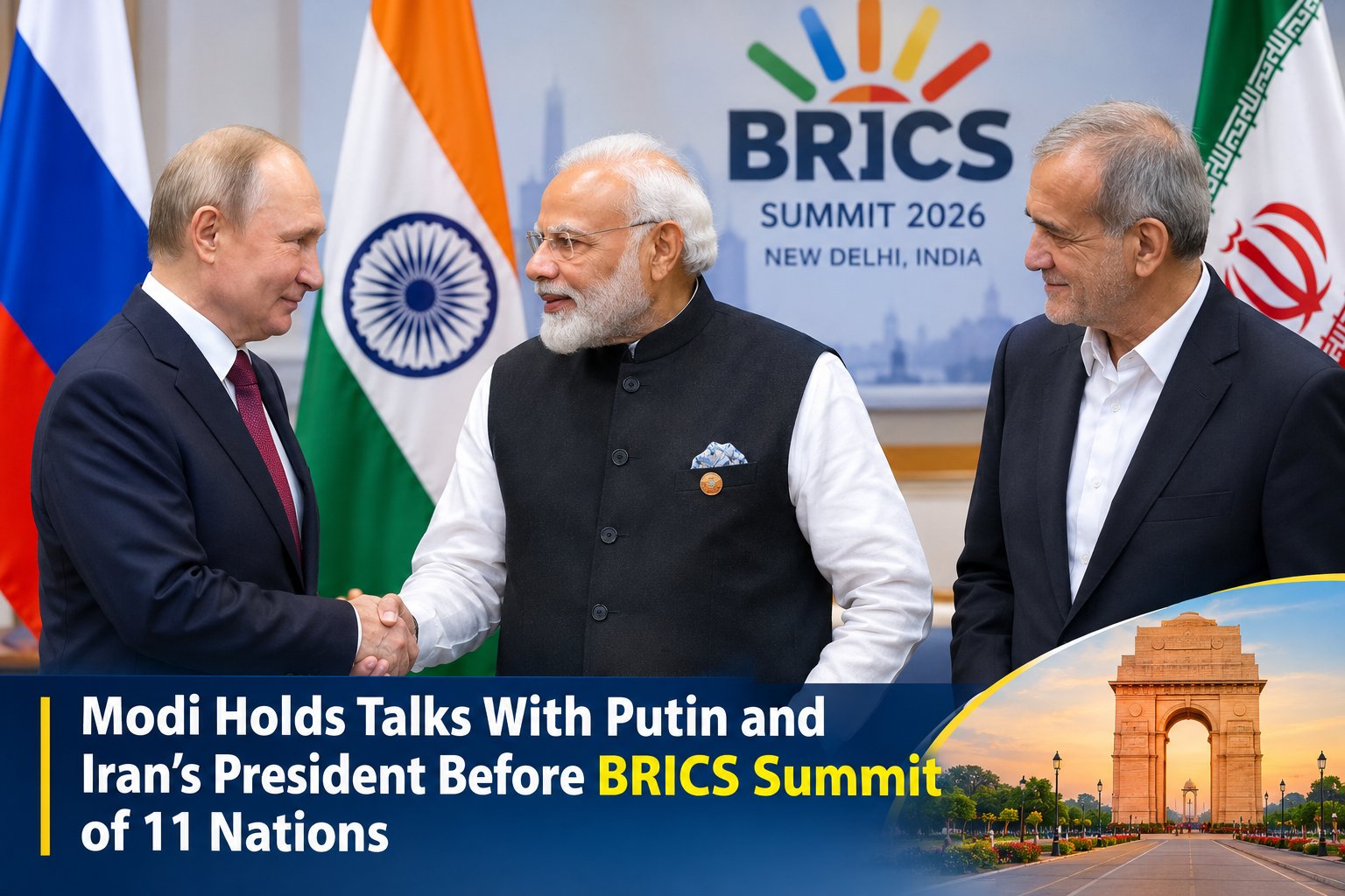 Prime Minister Narendra Modi holds talks with Russian President Vladimir Putin and Iranian President Masoud Pezeshkian ahead of the 2026 BRICS Summit in New Delhi, India.